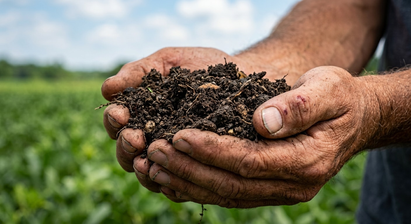Hands working rich soil on the farm